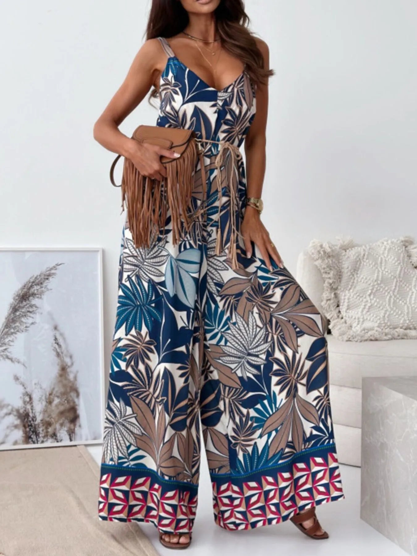 Paisley Print Spaghetti Strap Wide Leg Jumpsuit