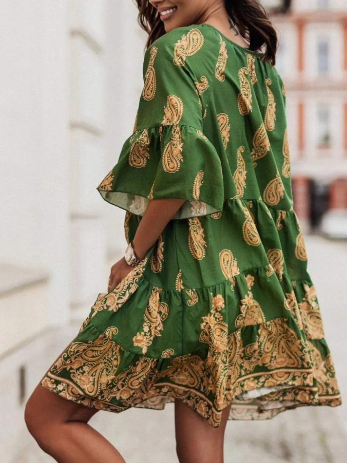 Paisley Print Tie Neck Half Sleeve Mini Dress.