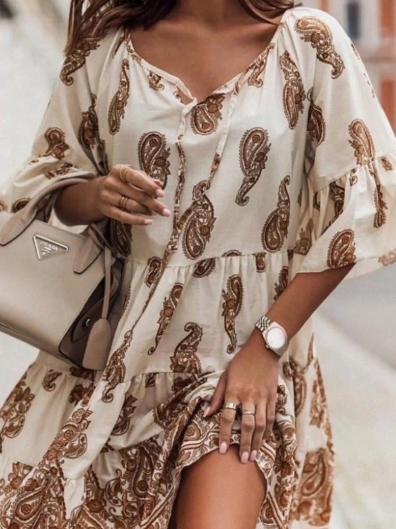 Paisley Print Tie Neck Half Sleeve Mini Dress.