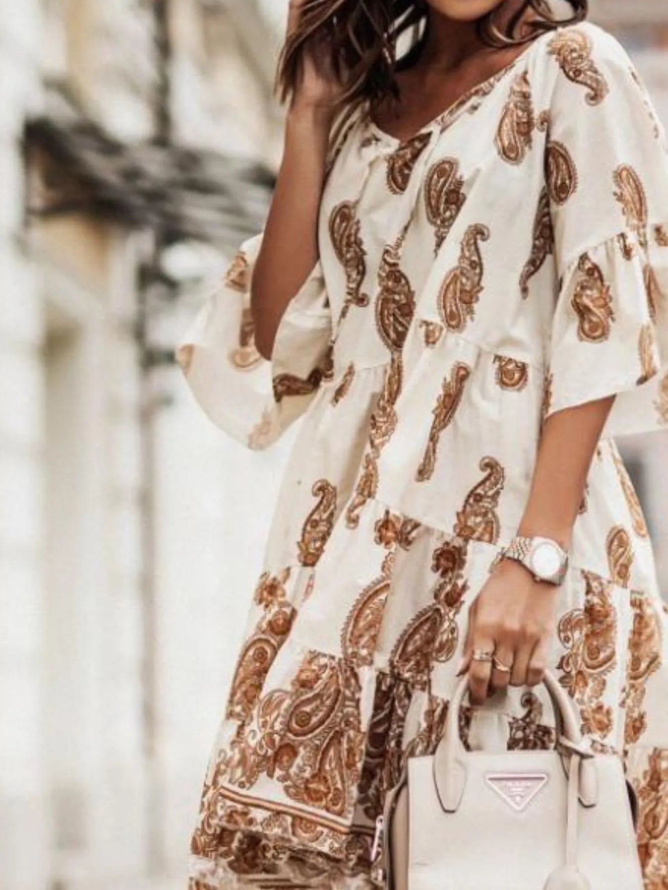 Paisley Print Tie Neck Half Sleeve Mini Dress.