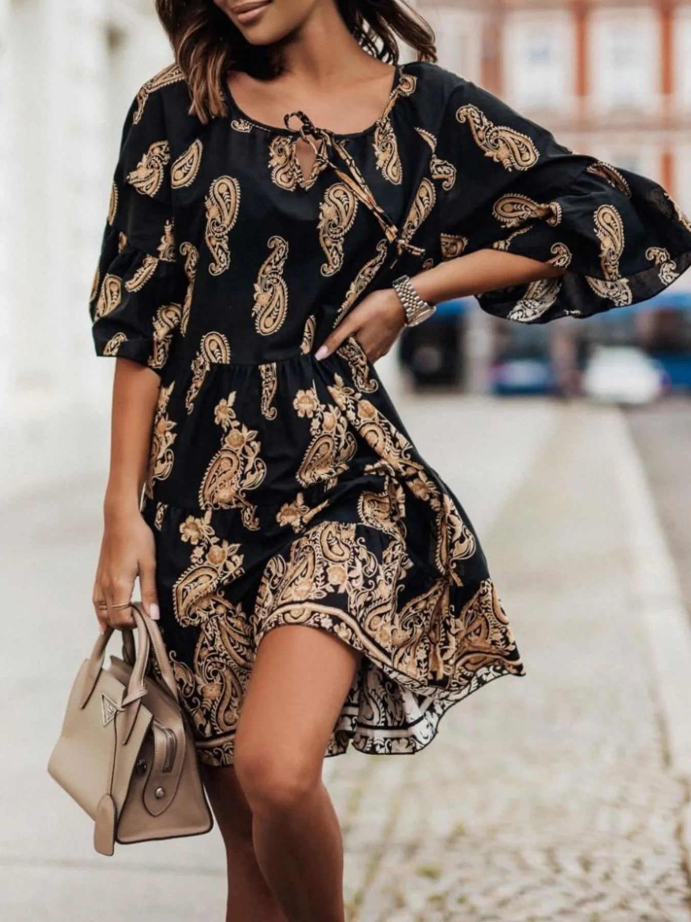 Paisley Print Tie Neck Half Sleeve Mini Dress.
