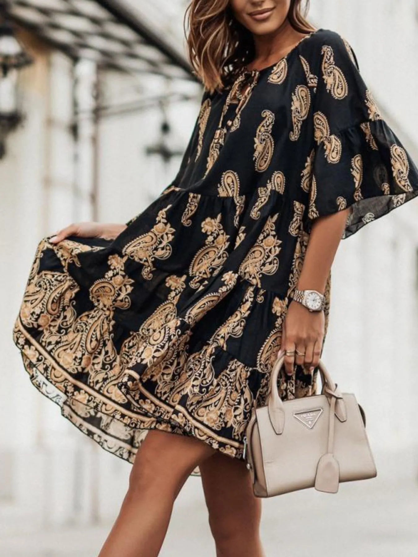 Paisley Print Tie Neck Half Sleeve Mini Dress.