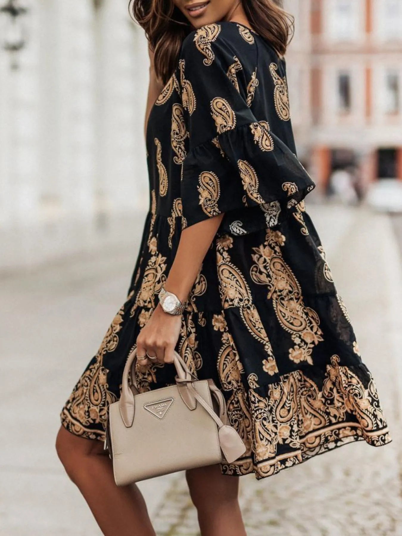 Paisley Print Tie Neck Half Sleeve Mini Dress.