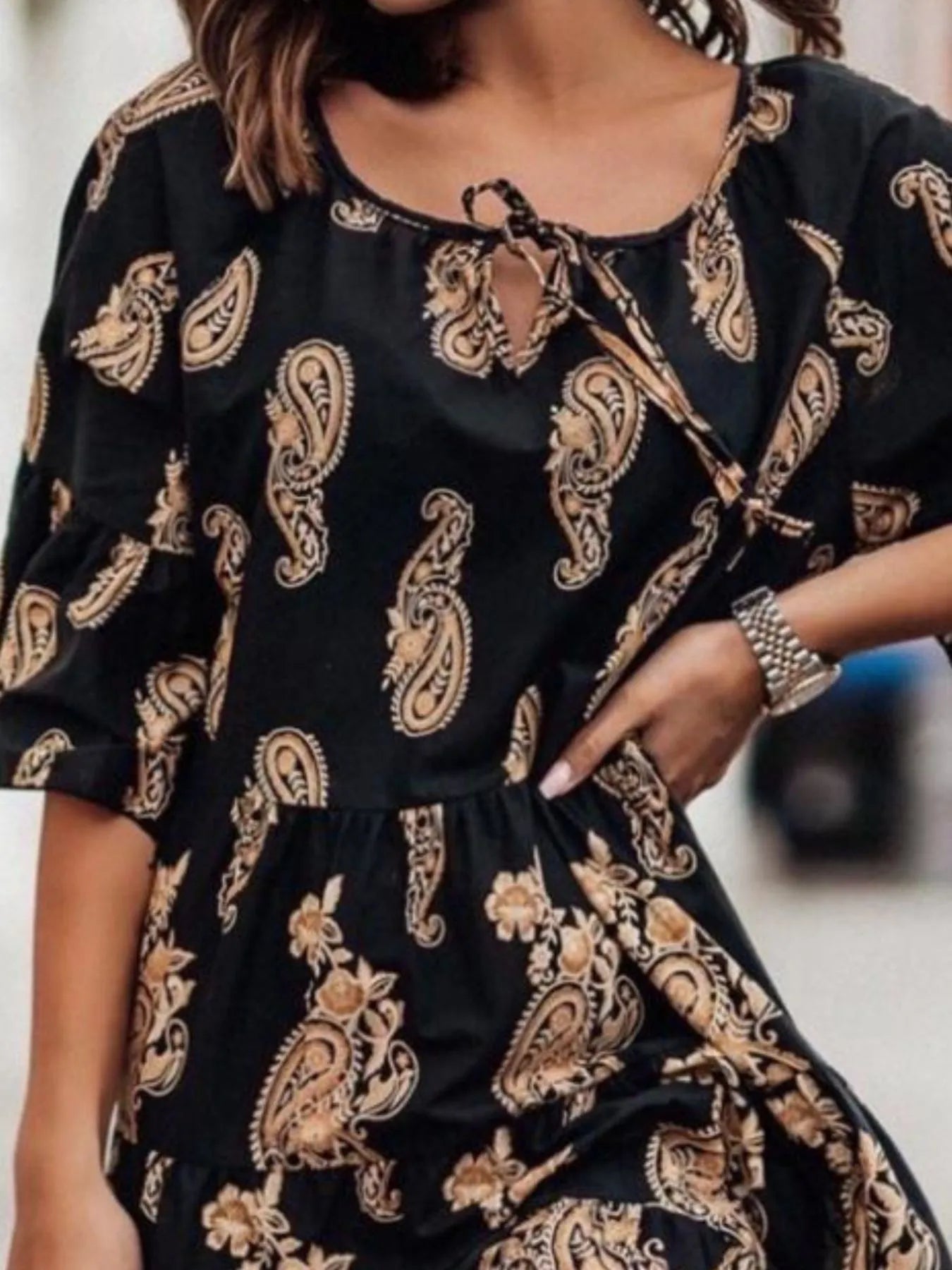 Paisley Print Tie Neck Half Sleeve Mini Dress.