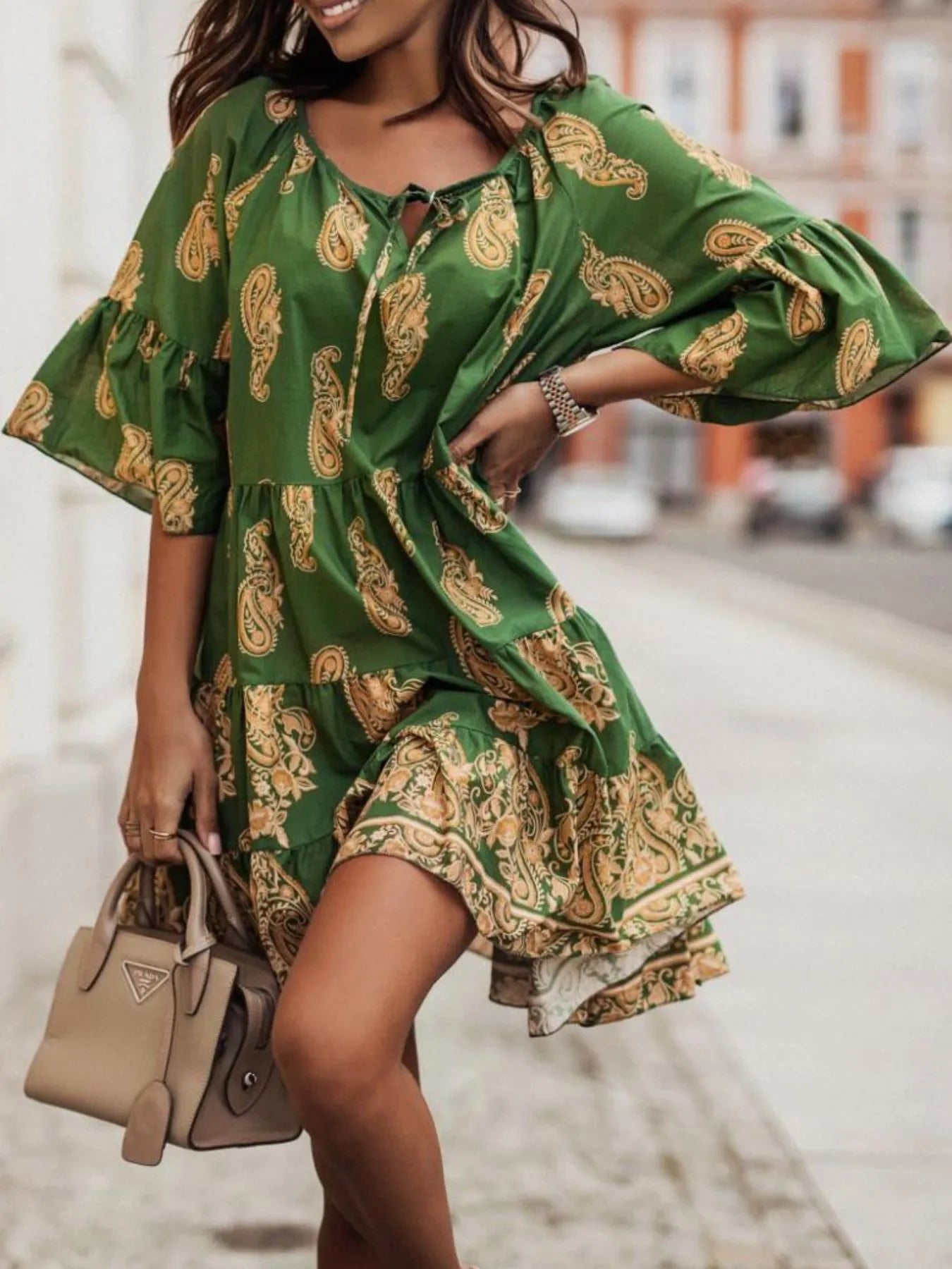 Paisley Print Tie Neck Half Sleeve Mini Dress.
