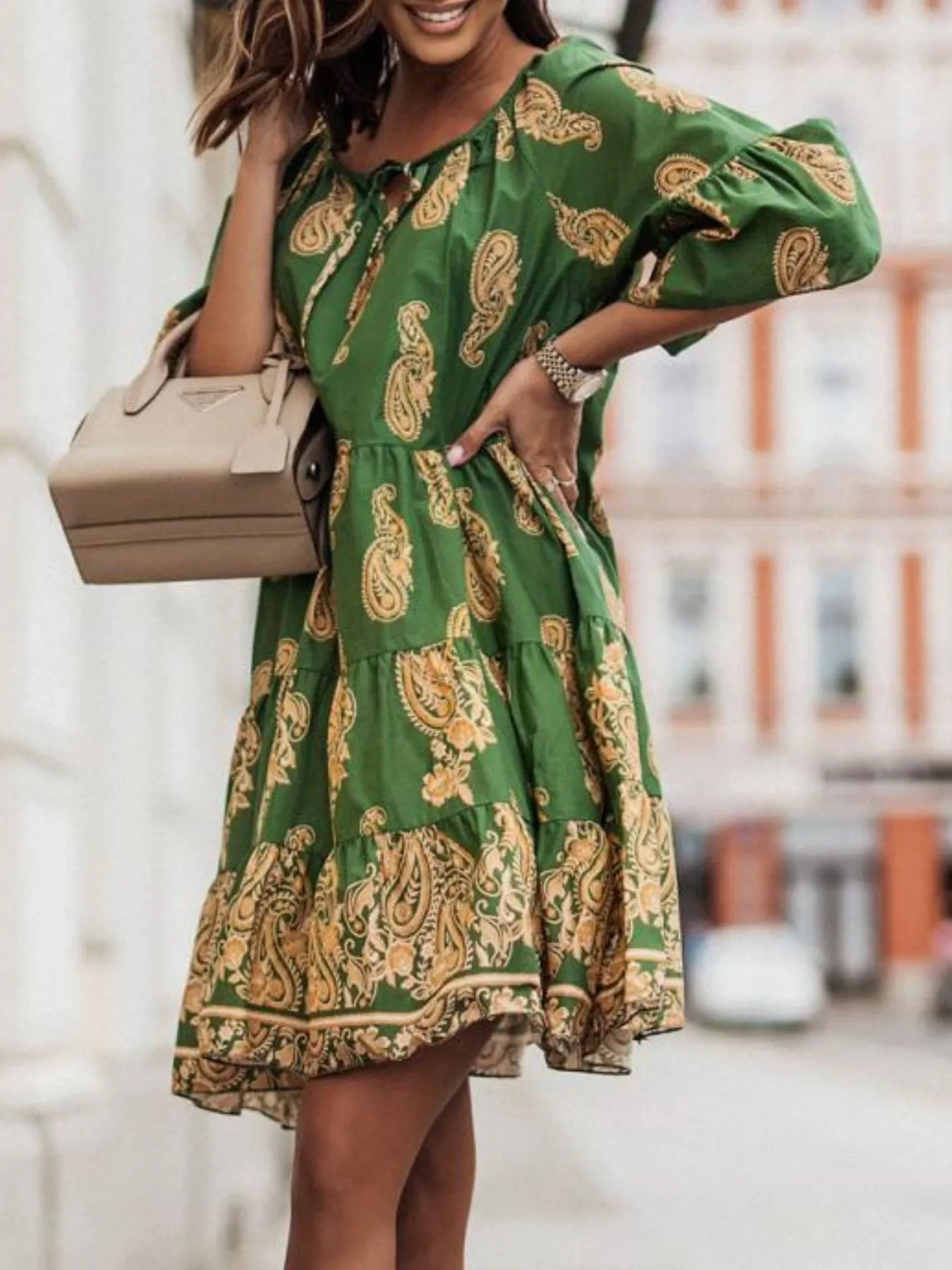 Paisley Print Tie Neck Half Sleeve Mini Dress.