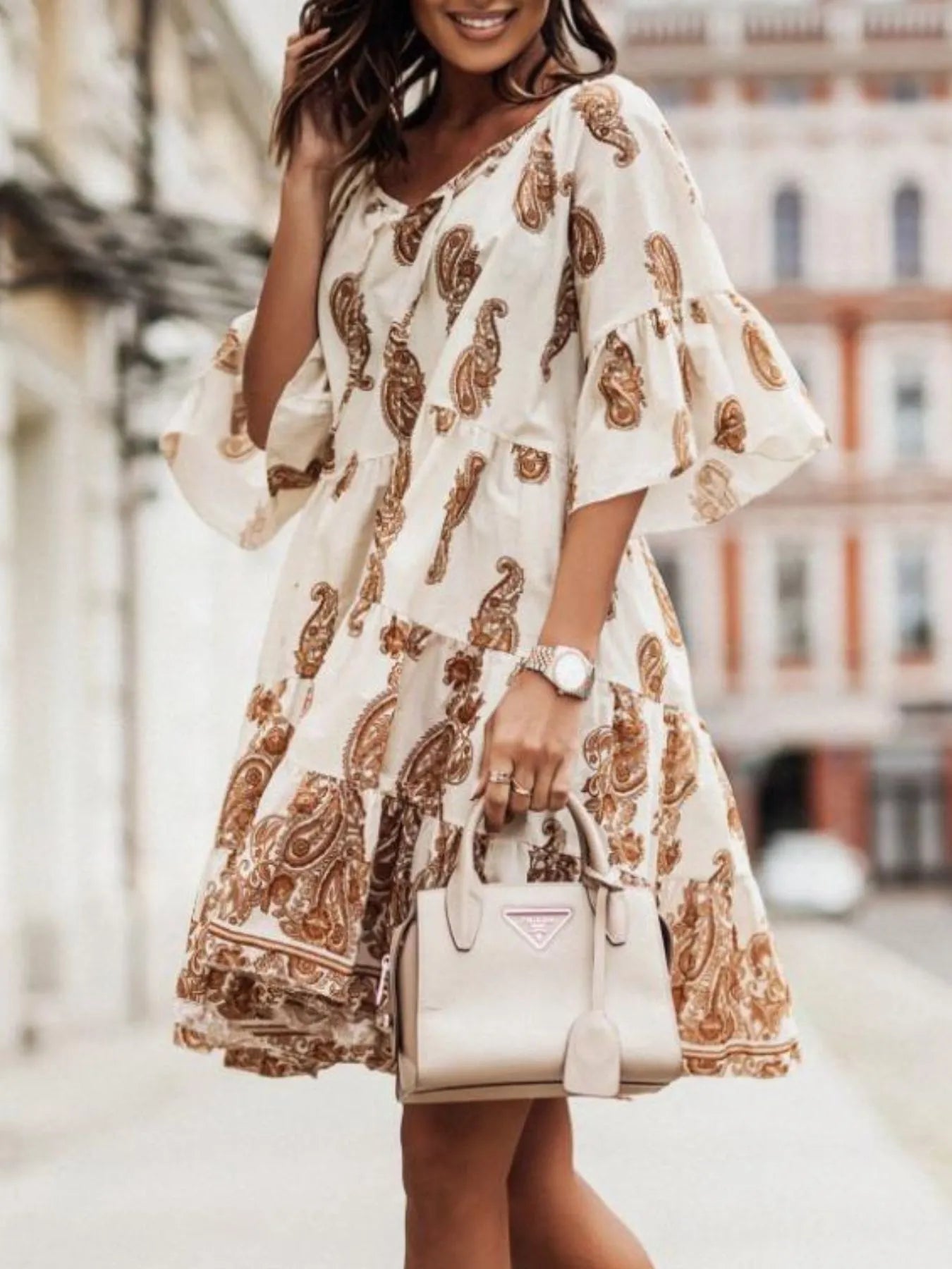 Paisley Print Tie Neck Half Sleeve Mini Dress.