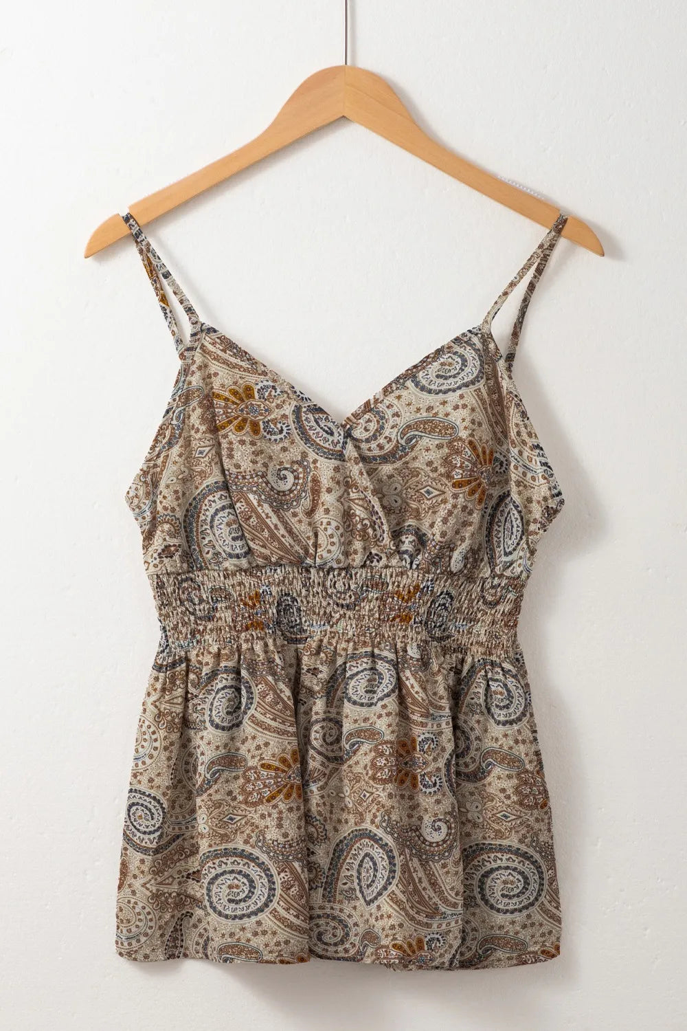 Paisley printed smocked babydoll cami.
