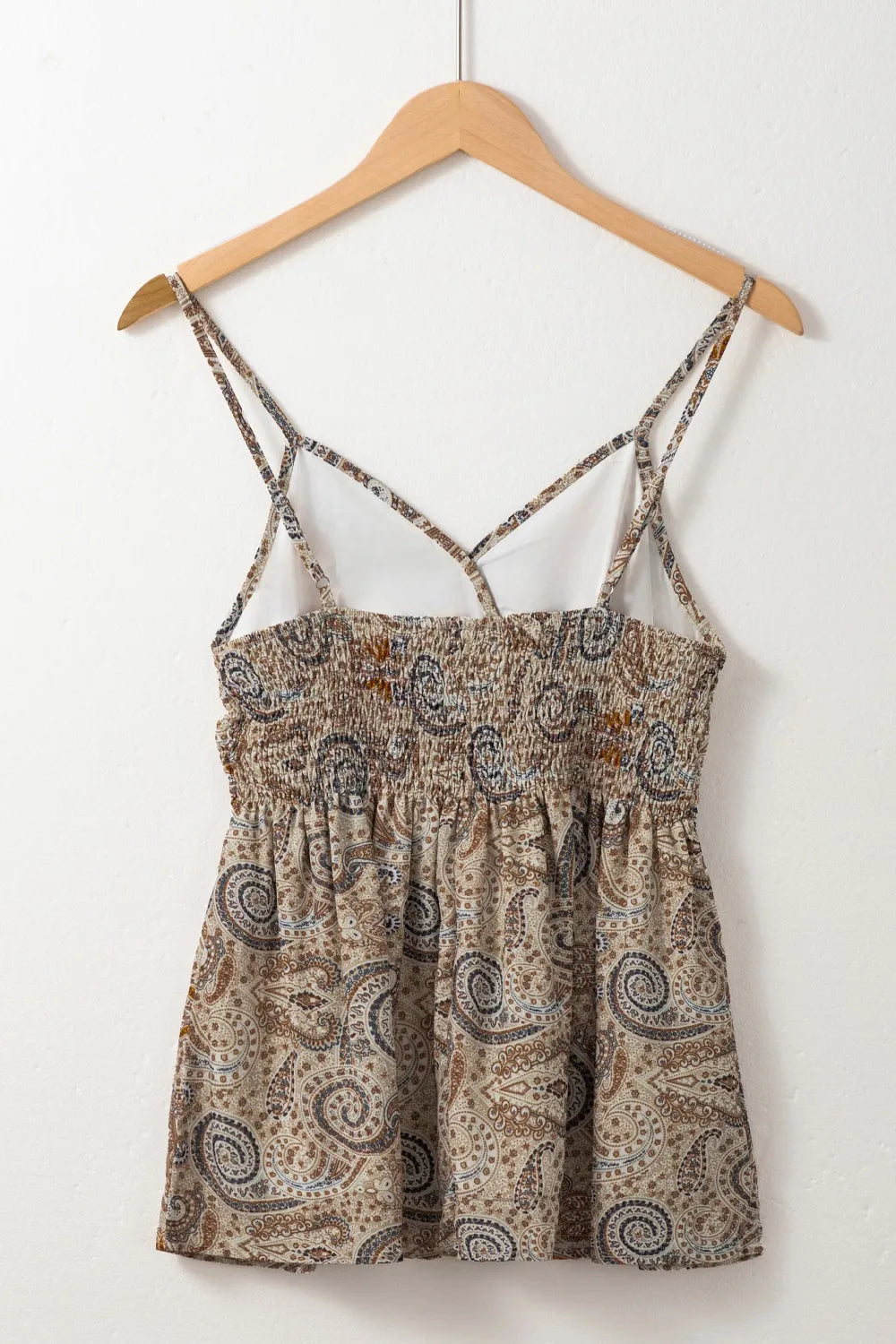 Paisley printed smocked babydoll cami.