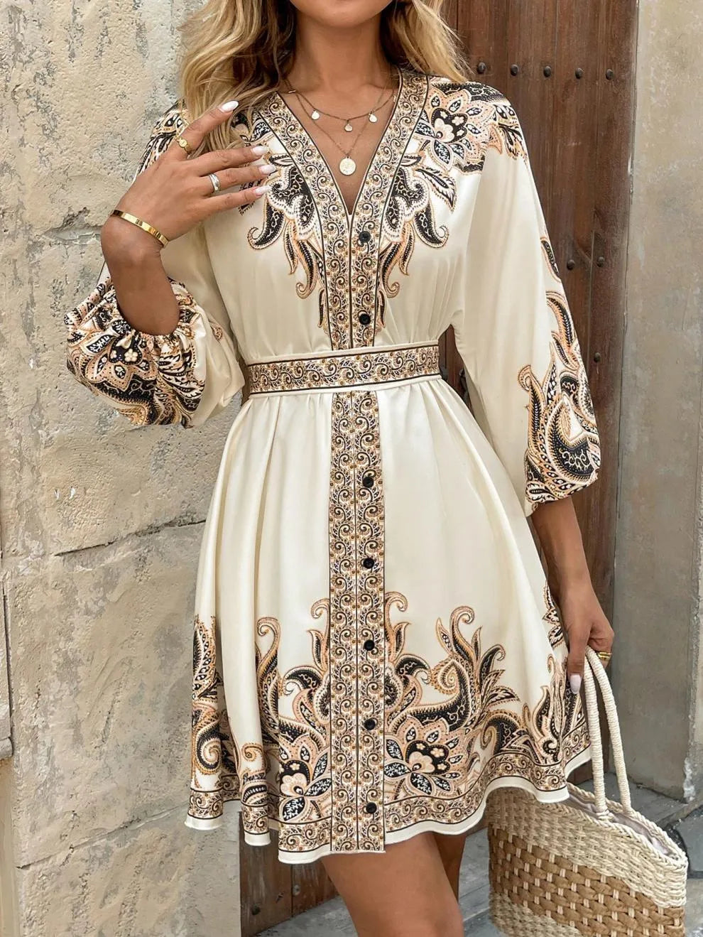 Paisley V-Neck 3/4 Sleeve Mini Dress.