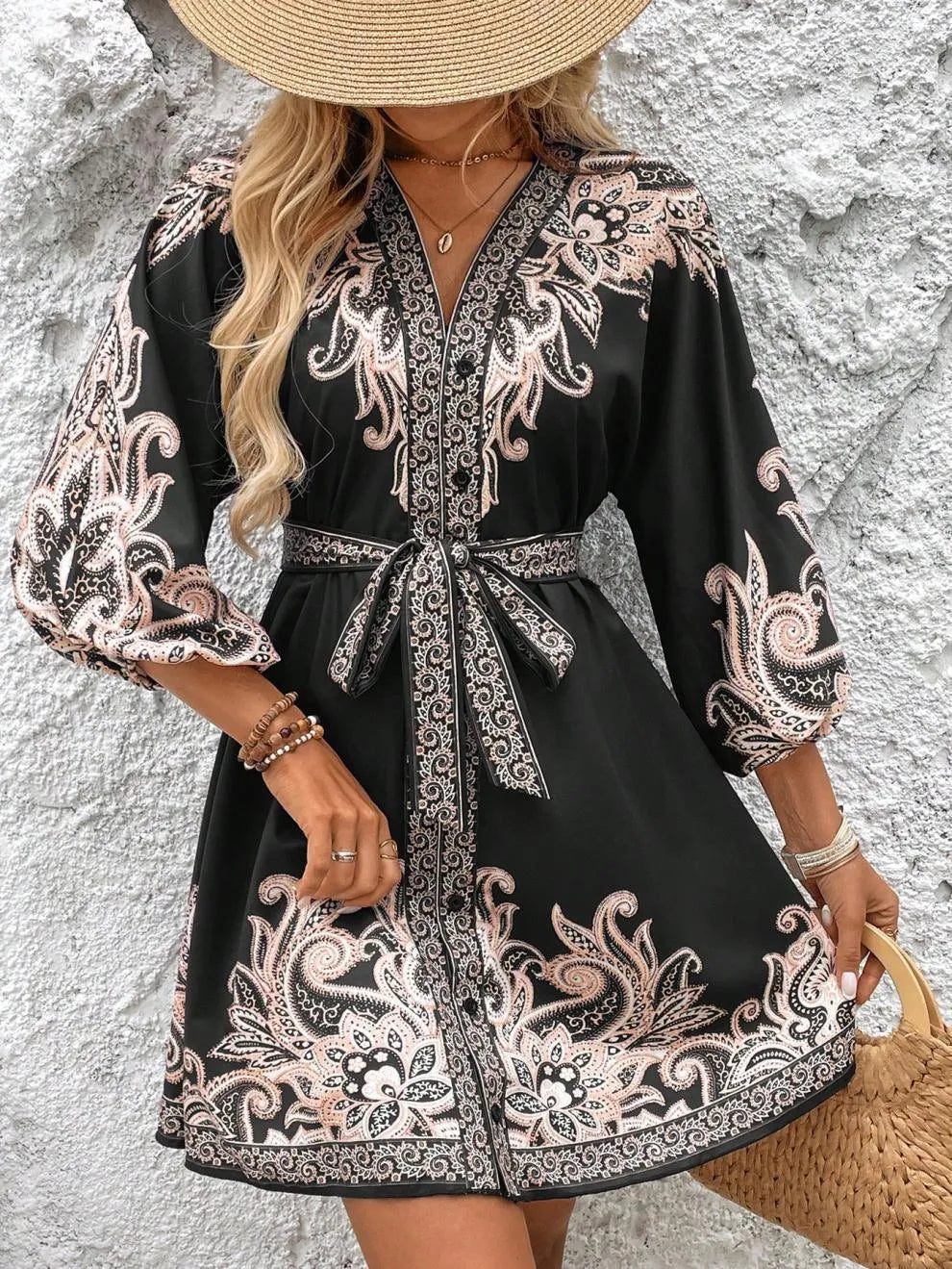 Paisley V-Neck 3/4 Sleeve Mini Dress.