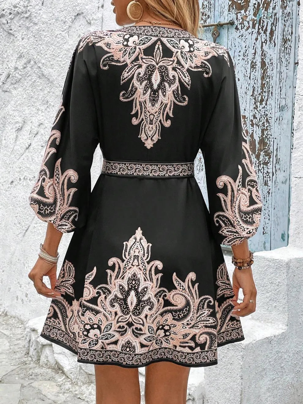 Paisley V-Neck 3/4 Sleeve Mini Dress.