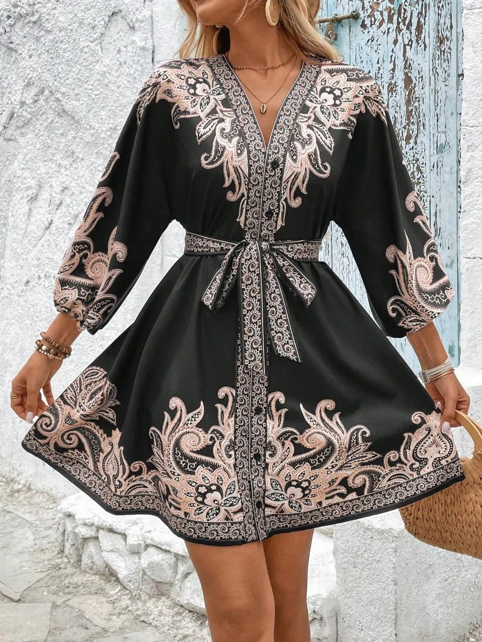 Paisley V-Neck 3/4 Sleeve Mini Dress.