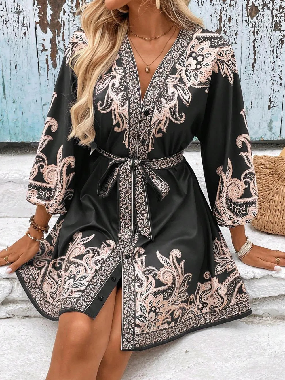 Paisley V-Neck 3/4 Sleeve Mini Dress.