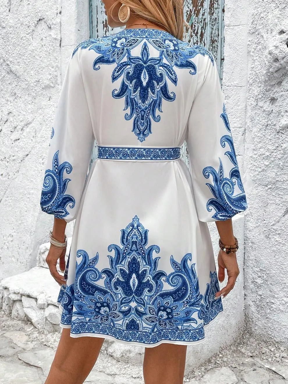 Paisley V-Neck 3/4 Sleeve Mini Dress.