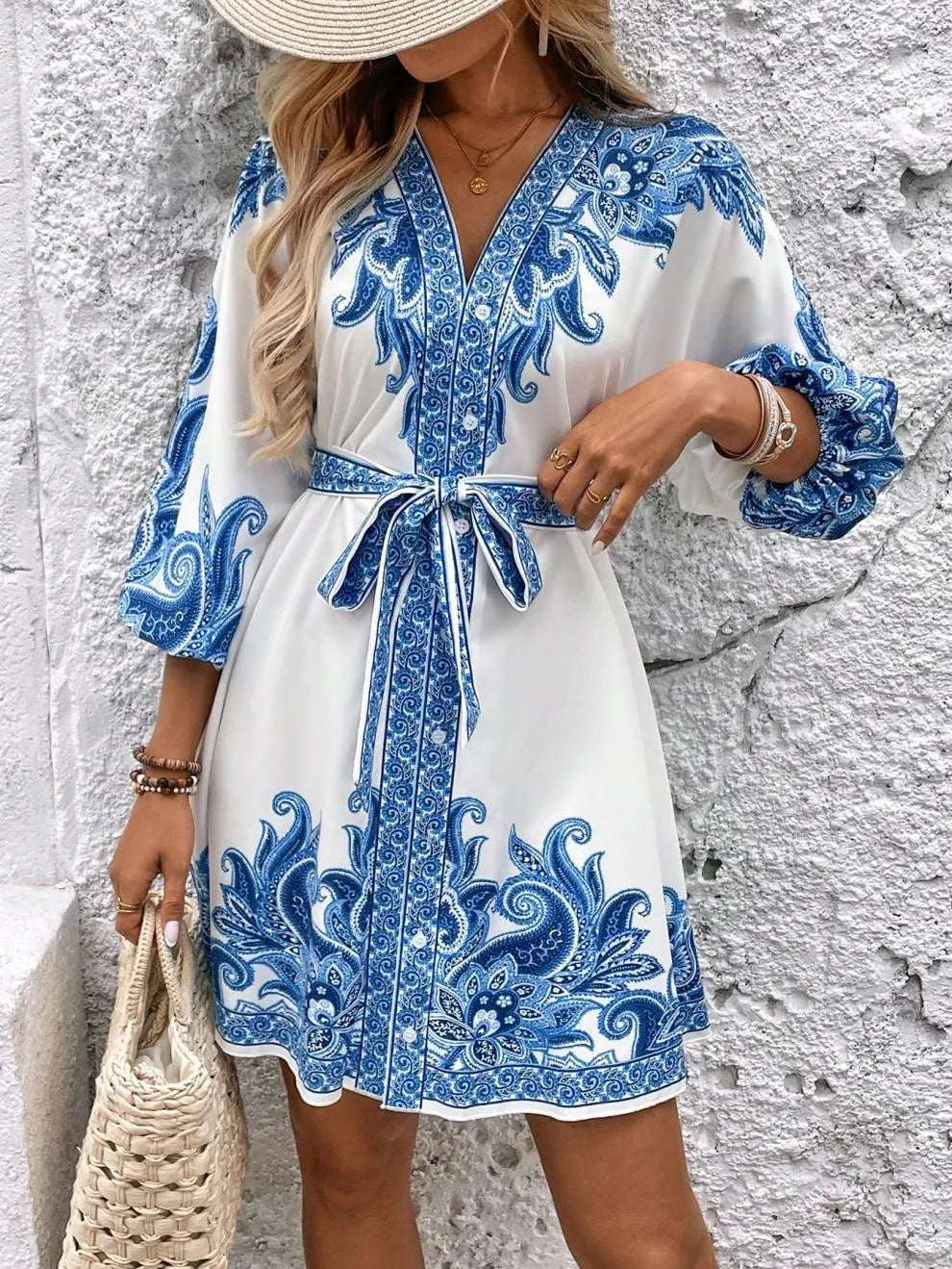 Paisley V-Neck 3/4 Sleeve Mini Dress.