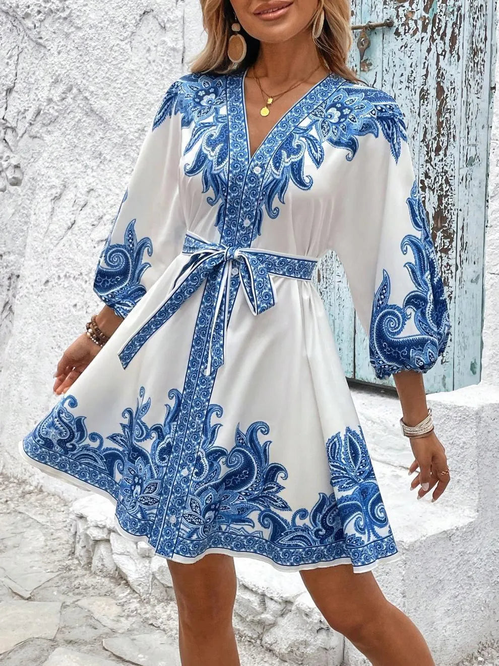 Paisley V-Neck 3/4 Sleeve Mini Dress.