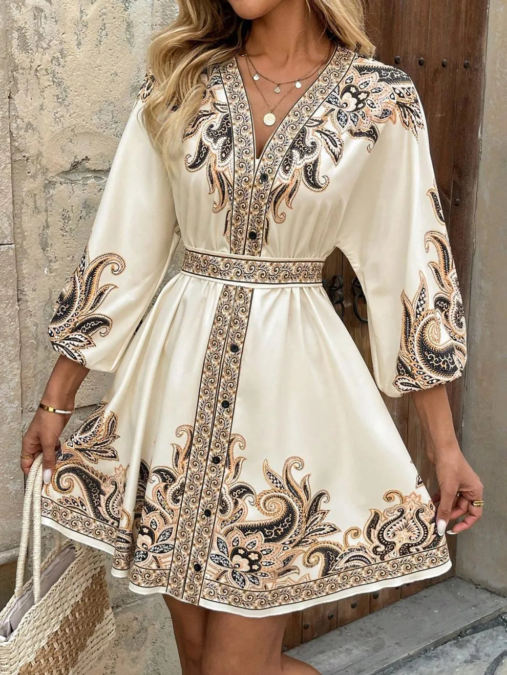 Paisley V-Neck 3/4 Sleeve Mini Dress.