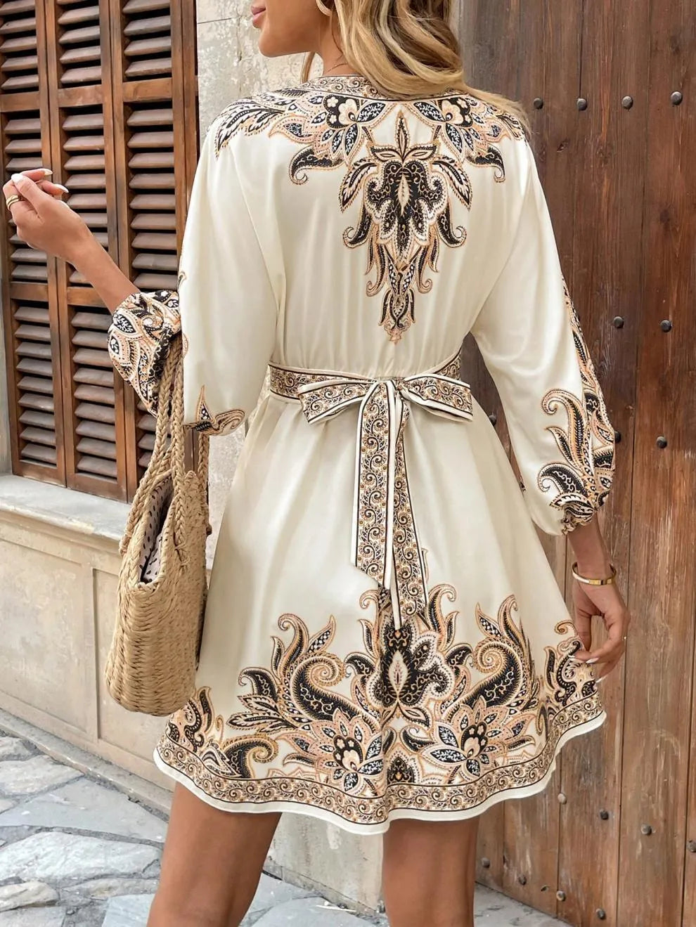 Paisley V-Neck 3/4 Sleeve Mini Dress.