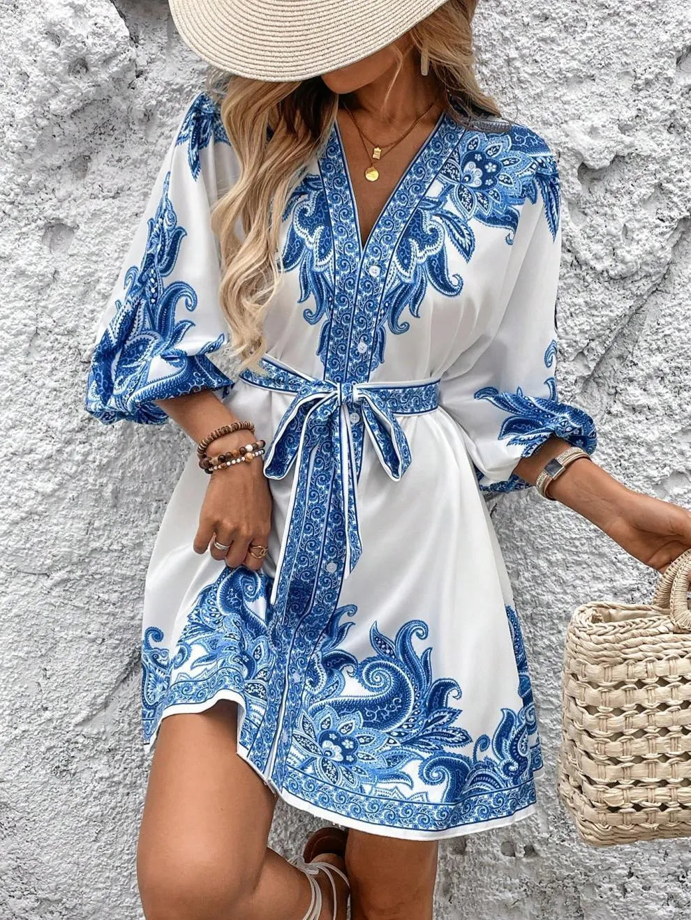Paisley V-Neck 3/4 Sleeve Mini Dress.