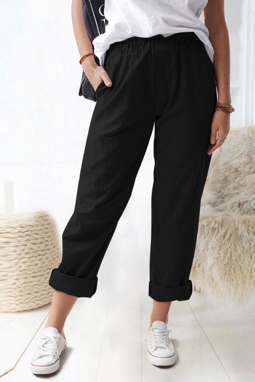 Paperbag waist pull-on pants with pockets, casual chic style.