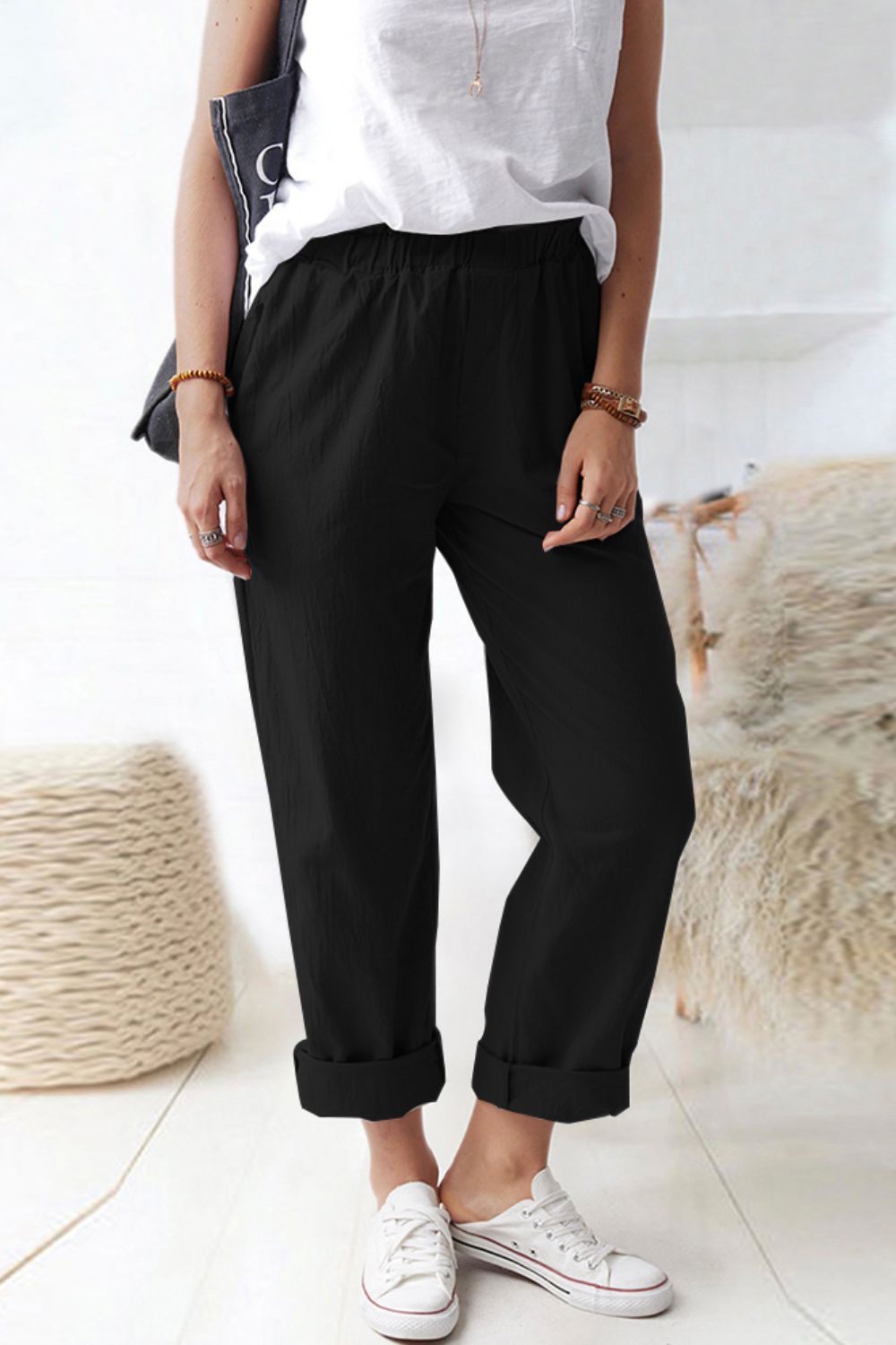 Paperbag waist pull-on pants with pockets, casual chic style.