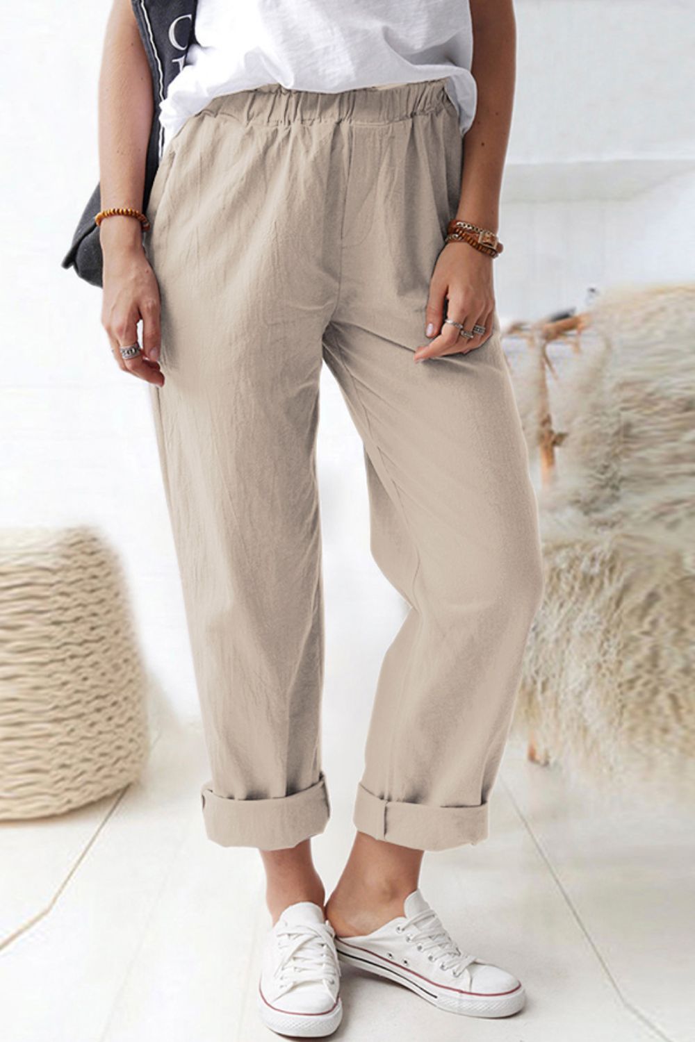 Paperbag waist pull-on pants with pockets, casual chic style.
