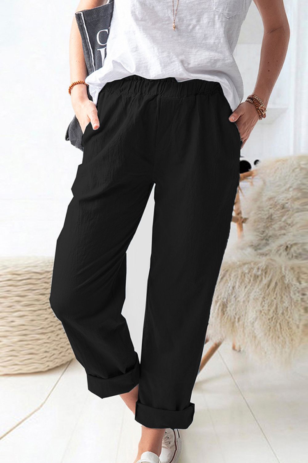 Paperbag waist pull-on pants with pockets, casual chic style.