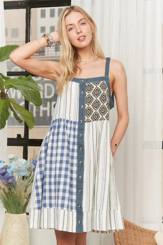 Adora Patchwork Button Front Mini Dress.