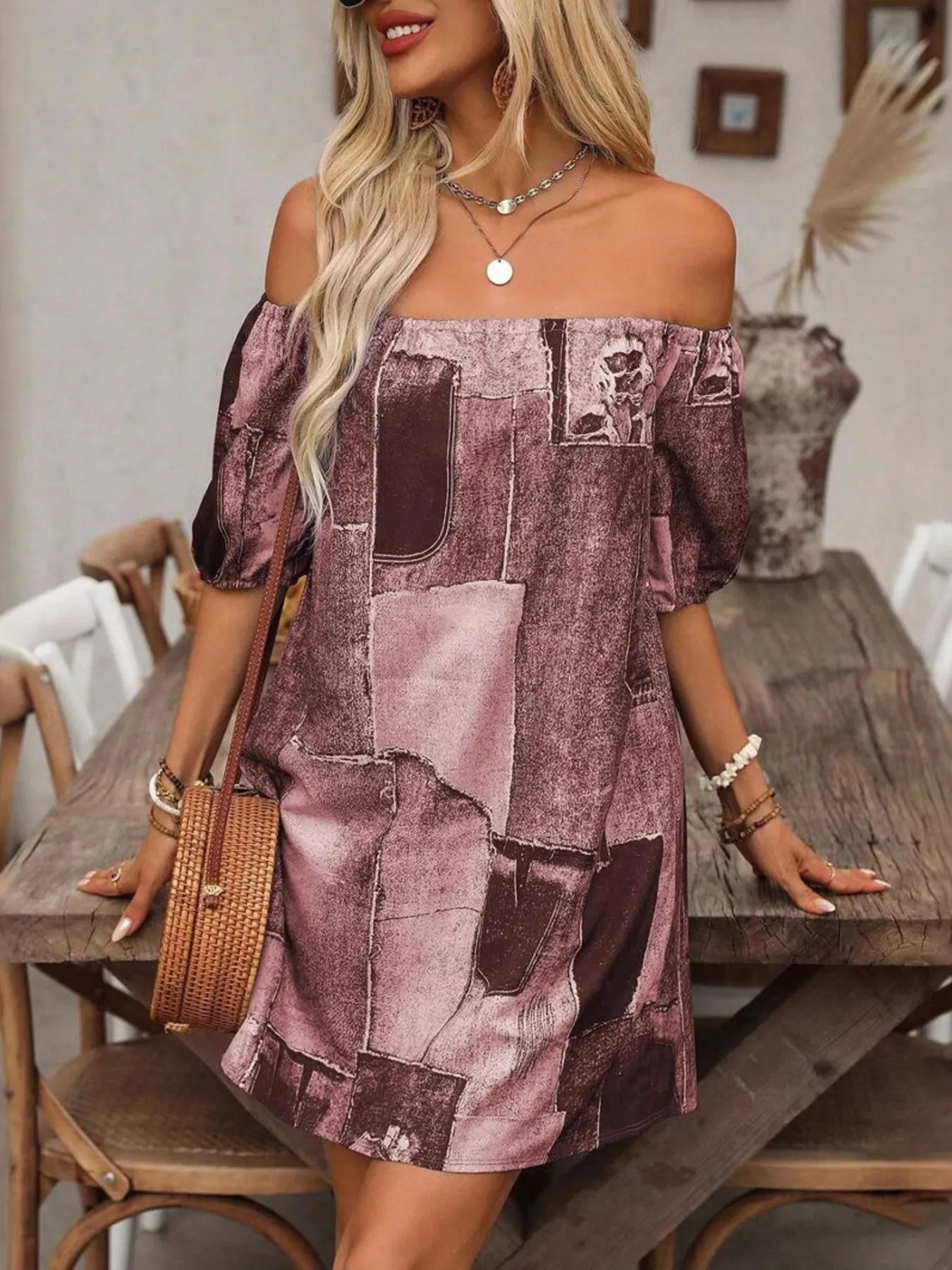 Patchwork Off Shoulder Denim Mini Dress.