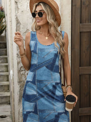 Patchwork Scoop Neck Denim Tank Dress.
