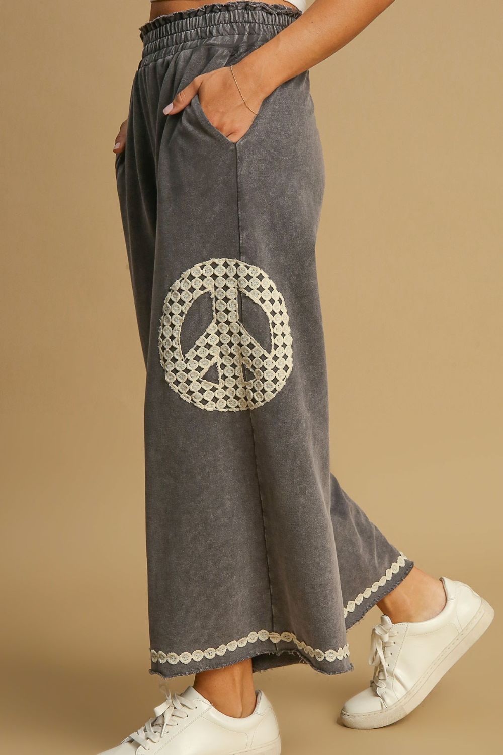 Peace lace applique mineral wash wide leg pants plus size with pockets, opaque.