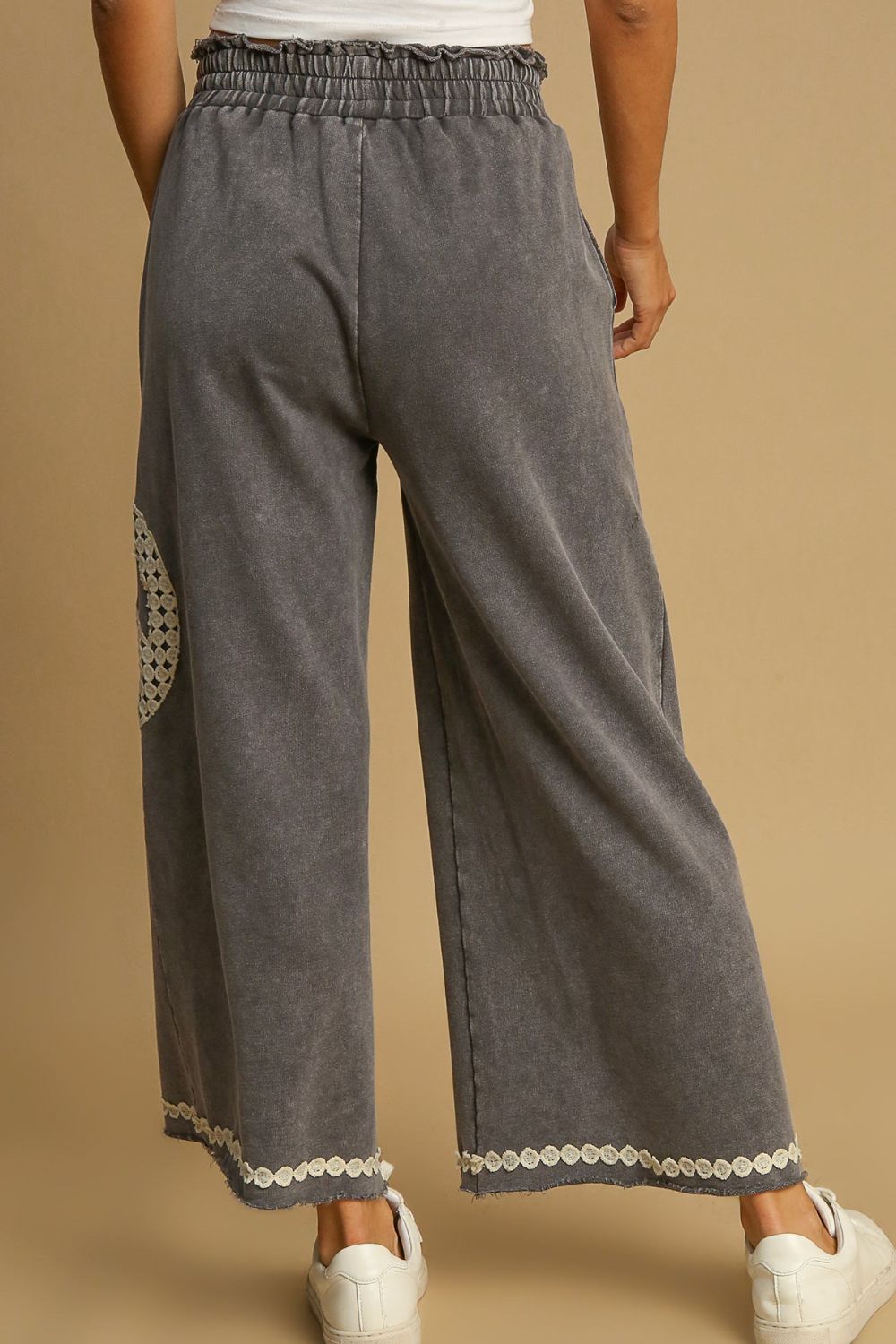 Peace lace applique mineral wash wide leg pants plus size with pockets, opaque.