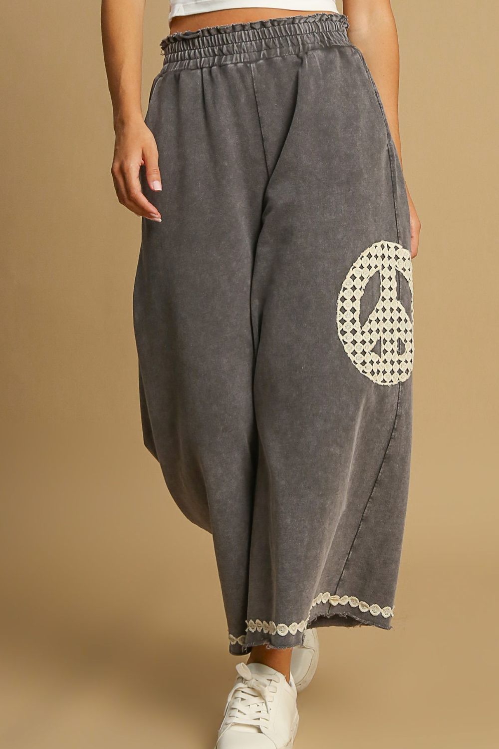 Peace lace applique mineral wash wide leg pants plus size with pockets, opaque.