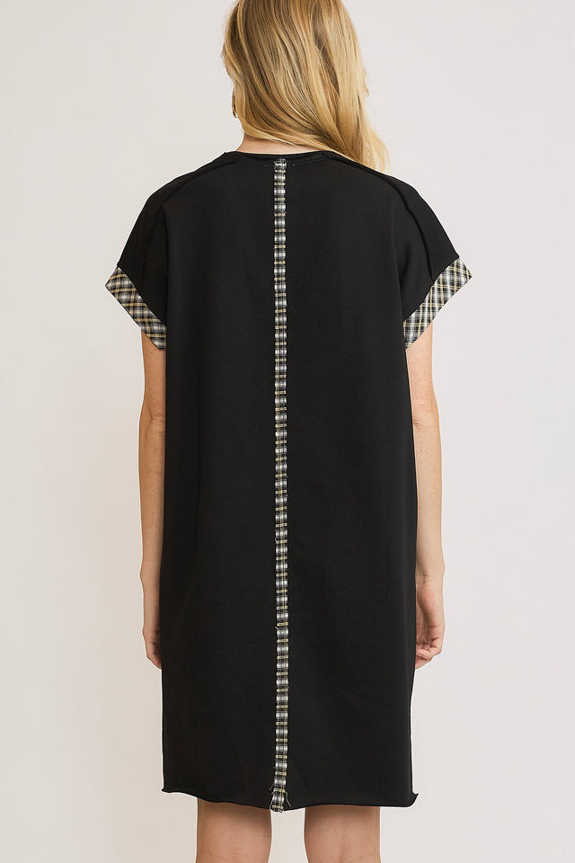 Umgee Peace Plaid Applique Short Sleeve Mini Dress.