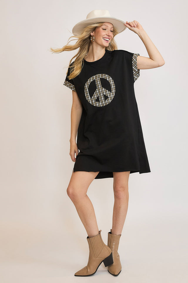 Umgee Peace Plaid Applique Short Sleeve Mini Dress.
