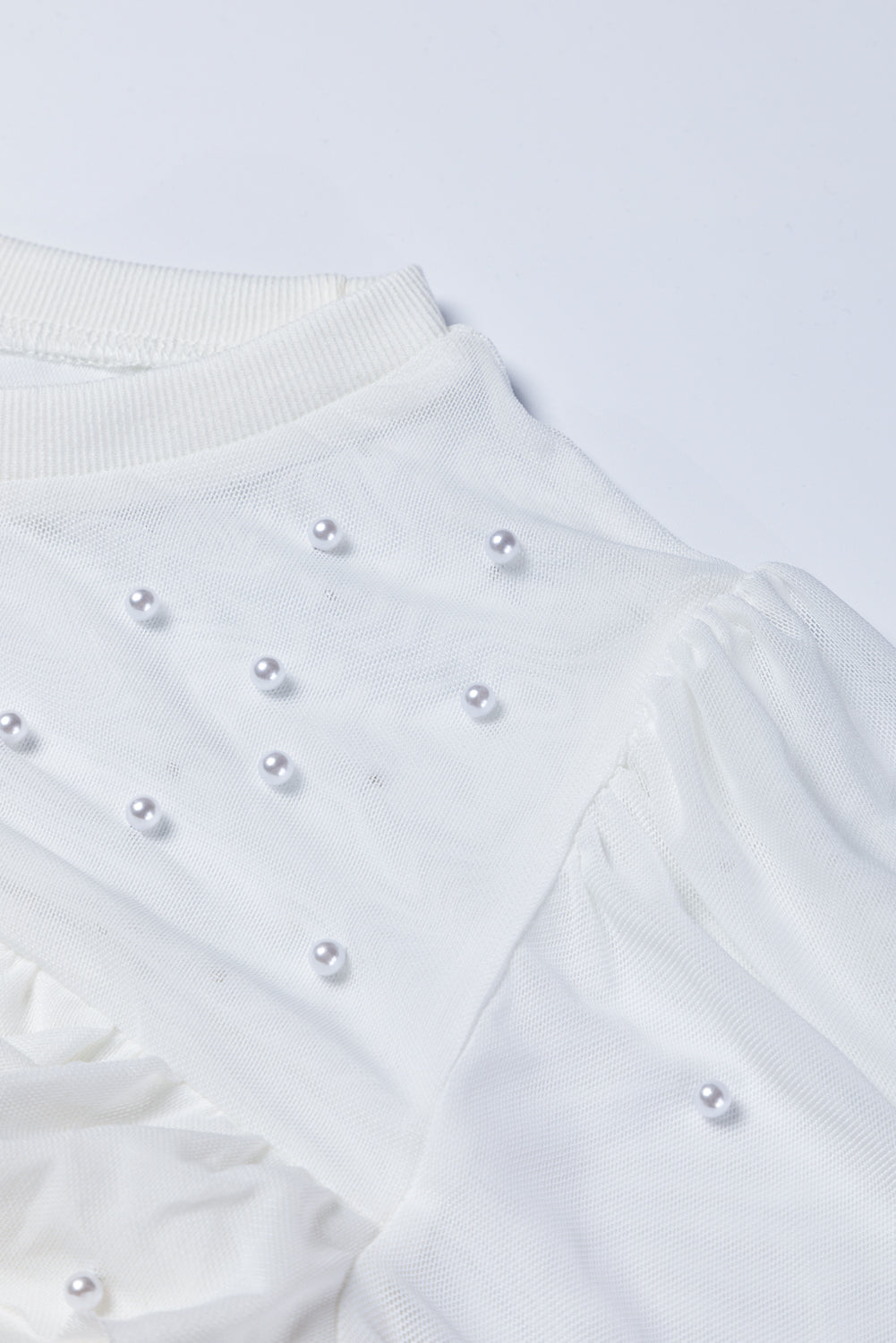 Pearl Decor Mesh Patchwork Ribbed Long Sleeve Top with Lace.