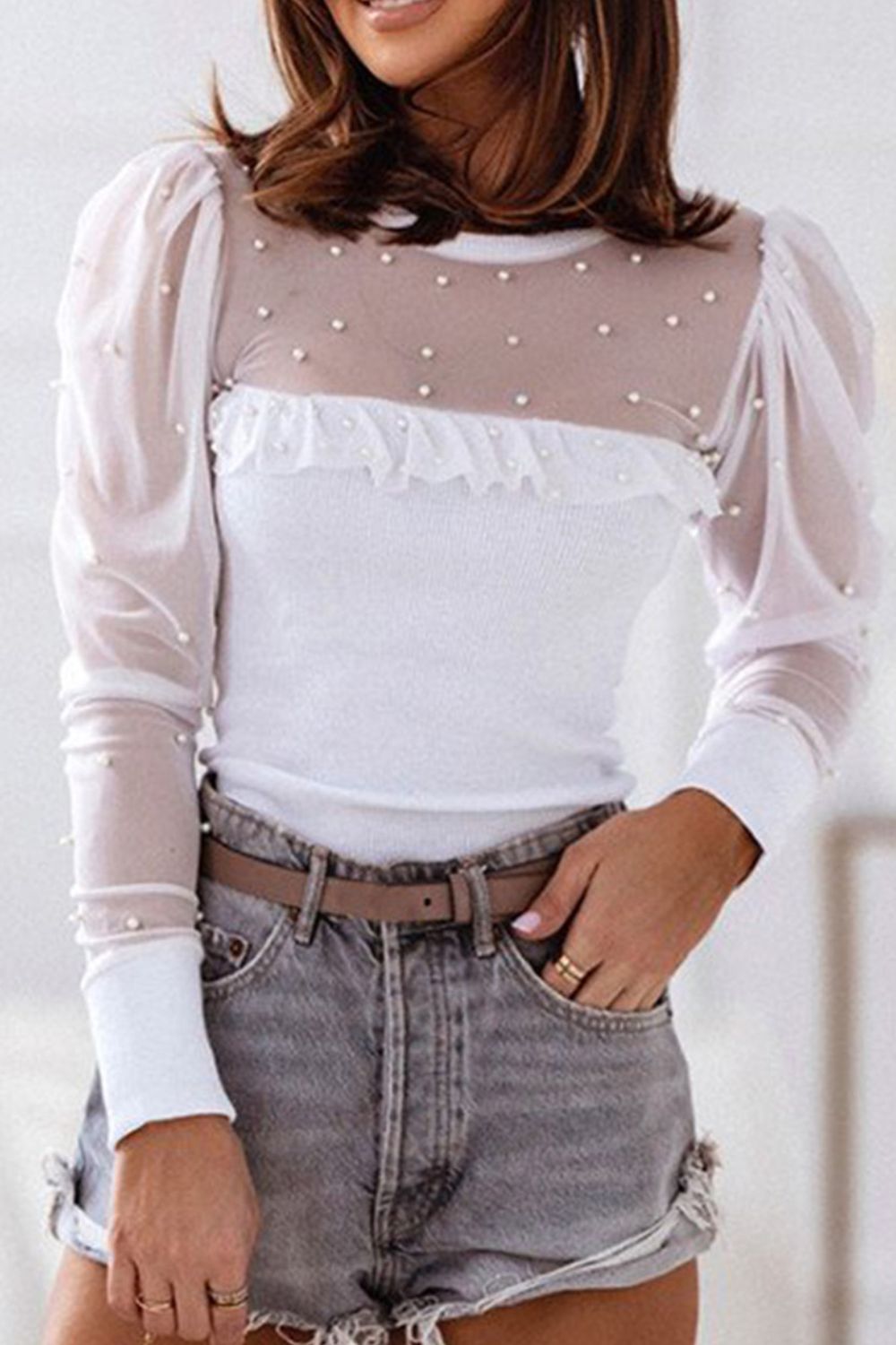 Pearl Decor Mesh Patchwork Ribbed Long Sleeve Top with Lace.