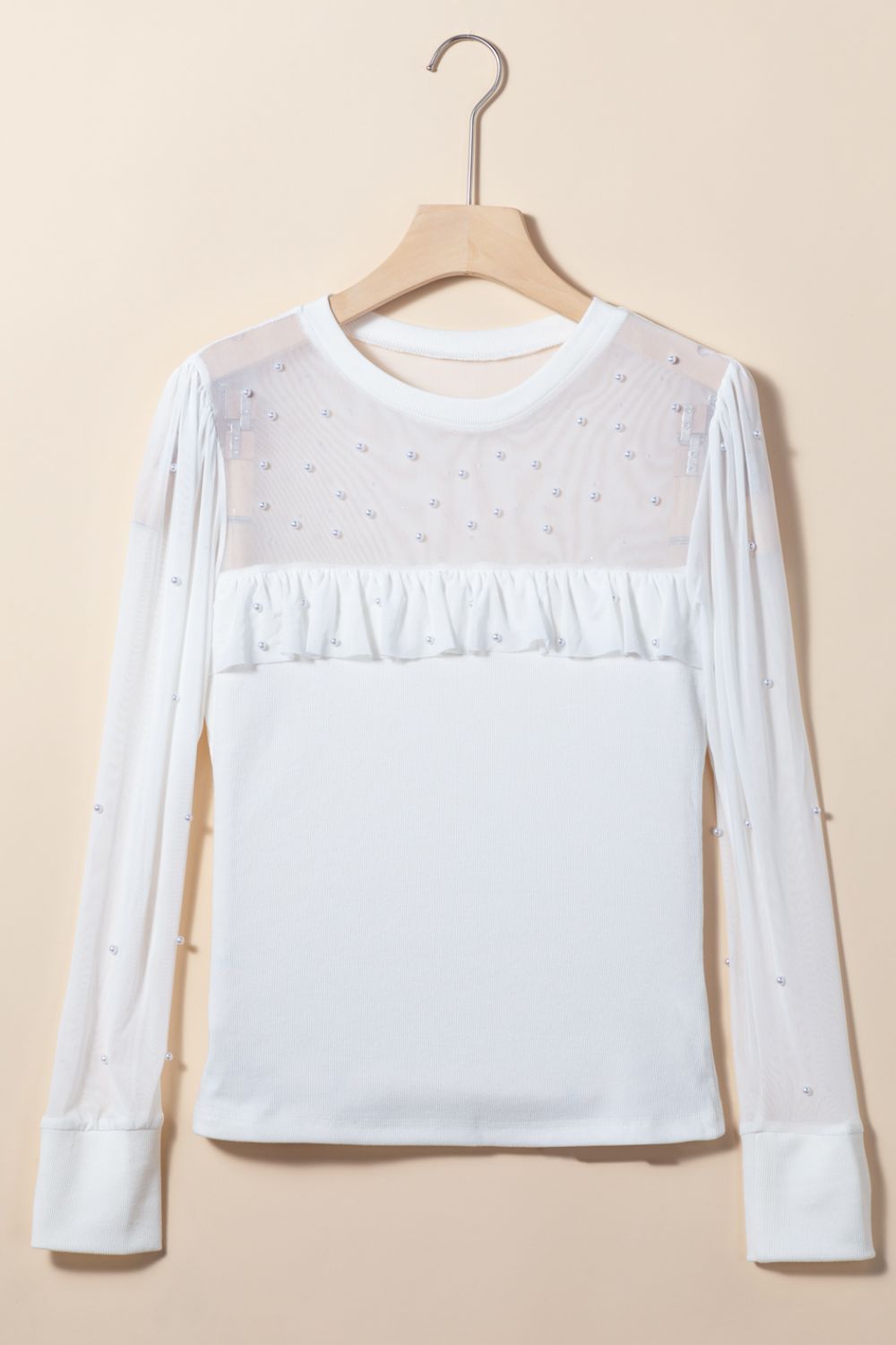 Pearl Decor Mesh Patchwork Ribbed Long Sleeve Top with Lace.