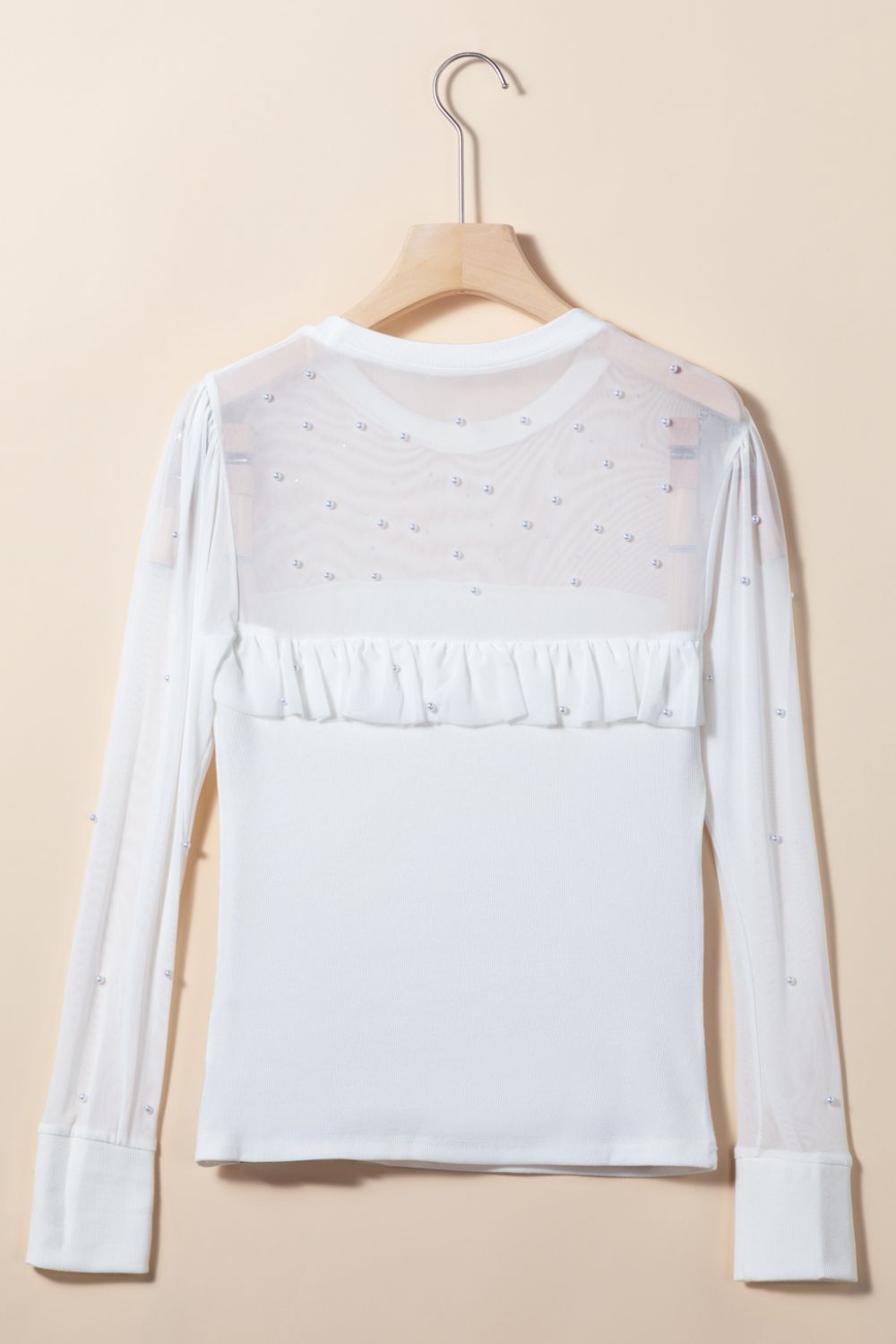 Pearl Decor Mesh Patchwork Ribbed Long Sleeve Top with Lace.