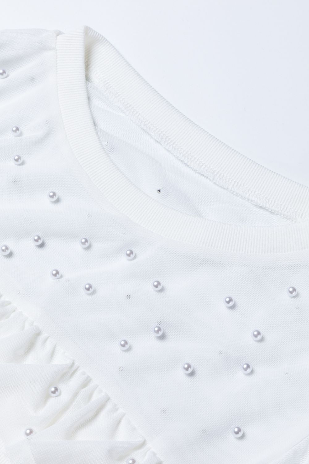 Pearl Decor Mesh Patchwork Ribbed Long Sleeve Top with Lace.