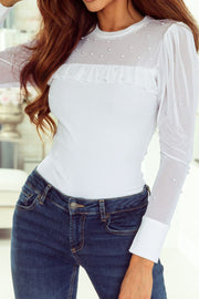 Pearl Decor Mesh Patchwork Ribbed Long Sleeve Top with Lace.