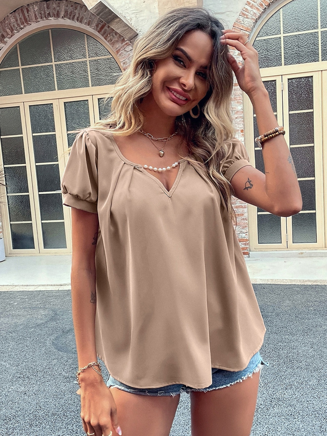 Ivy Lane Pearl Detail Notched Short Sleeve Blouse with Ruched and Cutout.