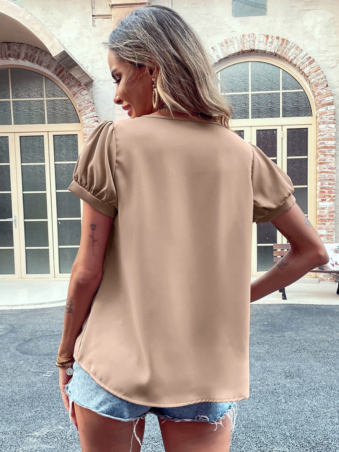 Ivy Lane Pearl Detail Notched Short Sleeve Blouse with Ruched and Cutout.