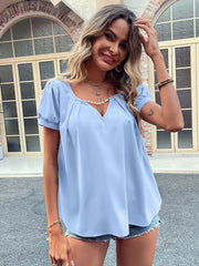 Ivy Lane Pearl Detail Notched Short Sleeve Blouse with Ruched and Cutout.