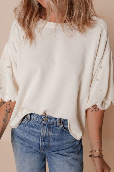 Pearl Detail Round Neck Half Sleeve Blouse.