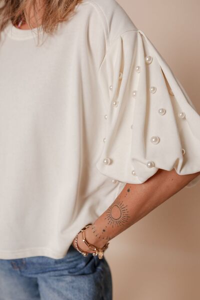 Pearl Detail Round Neck Half Sleeve Blouse.