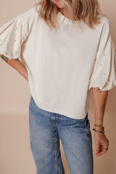 Pearl Detail Round Neck Half Sleeve Blouse.