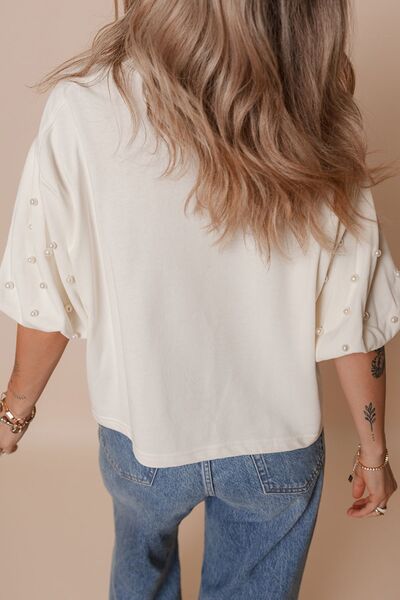 Pearl Detail Round Neck Half Sleeve Blouse.