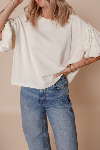 Pearl Detail Round Neck Half Sleeve Blouse.